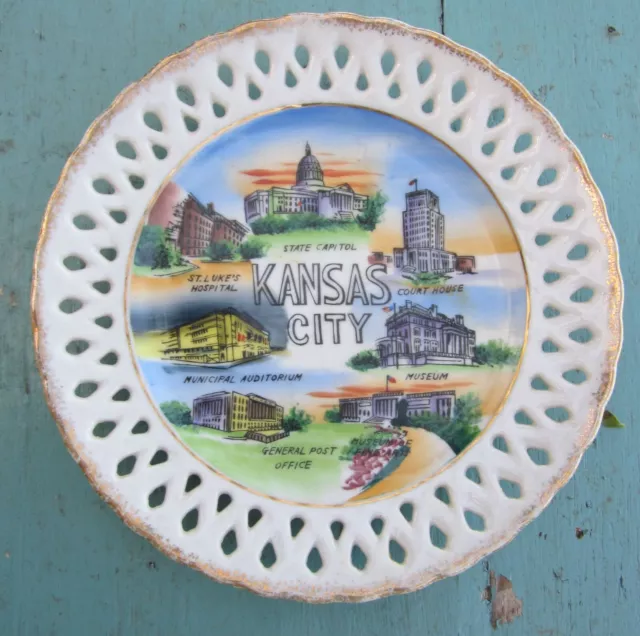 Vintage Kansas City Souvenir Plate Handpainted 8" Pierced Rim Missouri landmarks