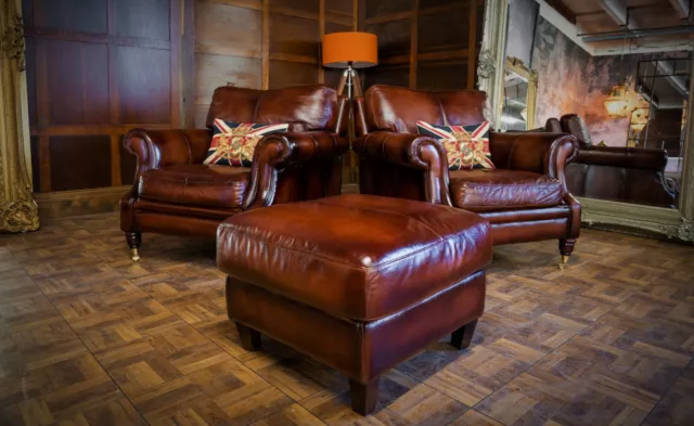 PAIR of VICTORIAN STYLE ANTIQUE BROWN TAN LEATHER CHESTERFIELD CLUB CHAIRS STOOL