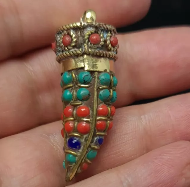 Tibetan Nepalese Artisan Handmade Brass Coral Turquoise Lapis Ethnic Pendant