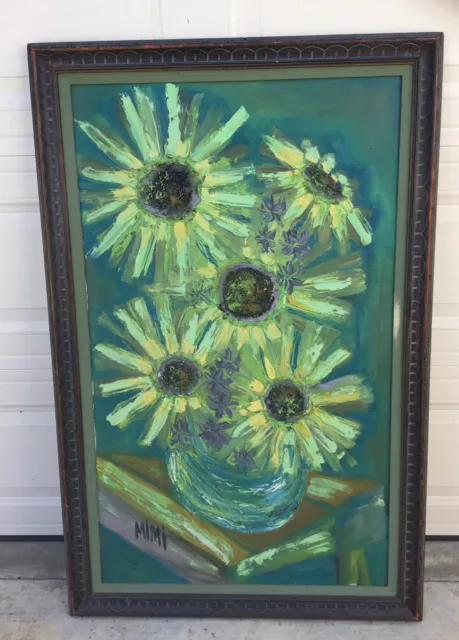 Vintage Huge 60s Mod Great Color Sunflowers Painting Mid Century Modern Art Mimi