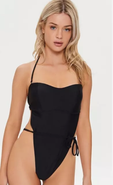 NWT Forever 21 one piece monokini high leg swimsuit black size small halter