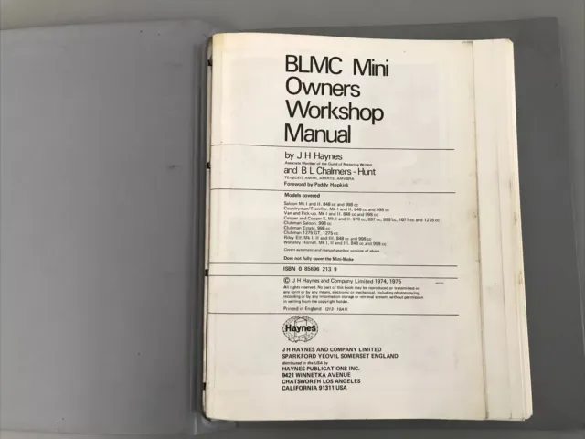 BLMC MINI Owners libro rigido manuale di servizio officina, 1974, 1975, Haynes