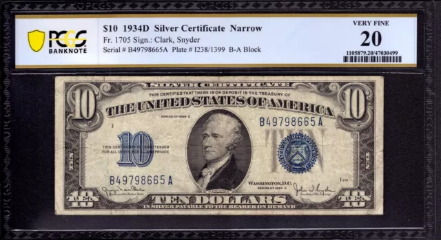 1934 D $10 Silver Certificate Note Narrow Fr.1705 Ba Block Pcgs B Very Fine 20