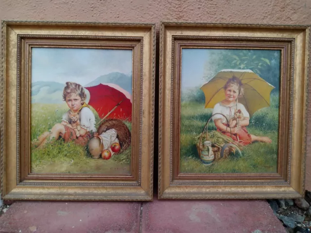 Antique Wilfred F Frost Original Young Children w/ Cats Oil Painting Pair X2