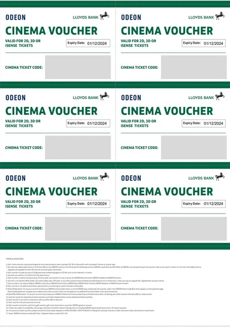 6x Odeon cinema tickets valid until 1 Dec 2024