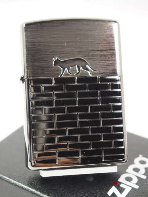 Zippo Oil Lighter Cat Walk Silver Black 2BN-CATW Etching Regular Case Japan