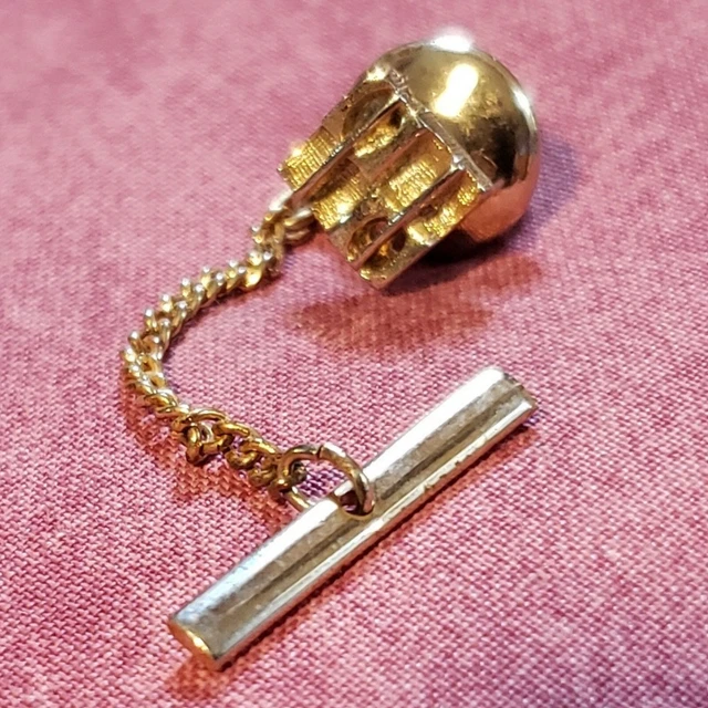 Vintage Abstract Square Tie Tack Lapel Hat Pin Gold Tone Bar Chain TC1