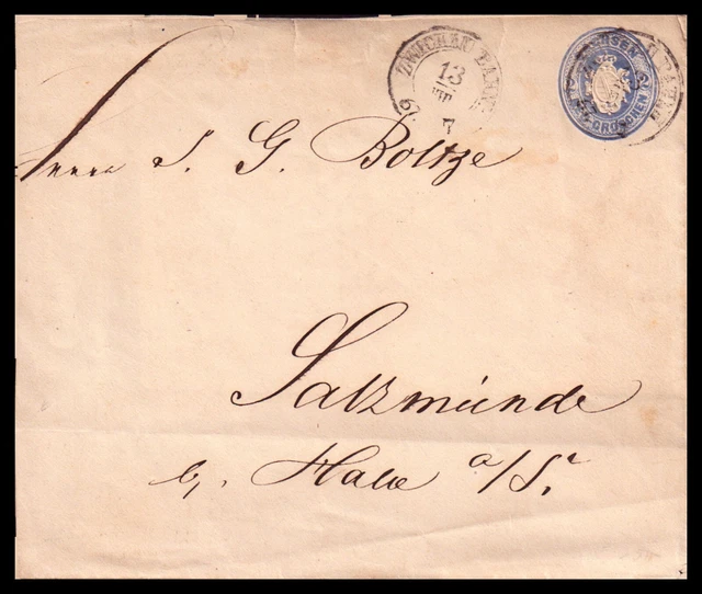 Sachsen: 1867; Ganzsache; Zwickau-Bahnhof nach Sassmünde b. Halle, verkürzt