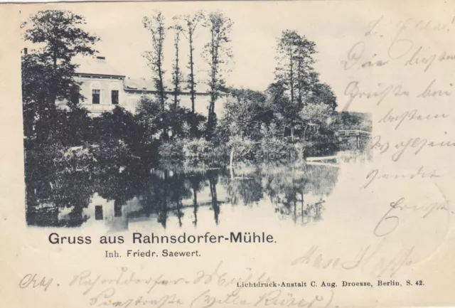 AK Berlin - Gruss aus Rahnsdorfer Mühle von Saewert, 1901 gelaufen Marke abgel.