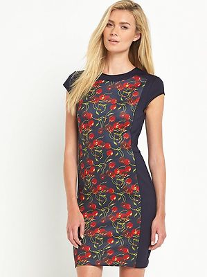 TED BAKER "LUSKI' CHERRY PRINT PANEL BODY-CON NAVY DRESS sz 1/ US 4