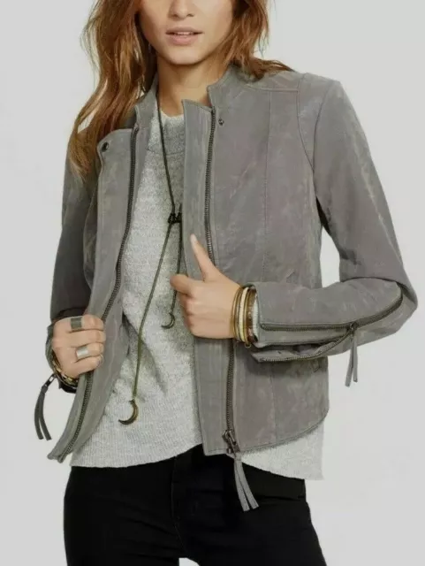 FREE PEOPLE Women’s Jacket   Size 6 Gray Faux Leather￼ Pockets Zippers Moto