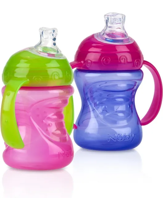 Nuby 2-Pack Two-Handle No-Spill Super Spout Grip N' 2 Count, Pink and Purple