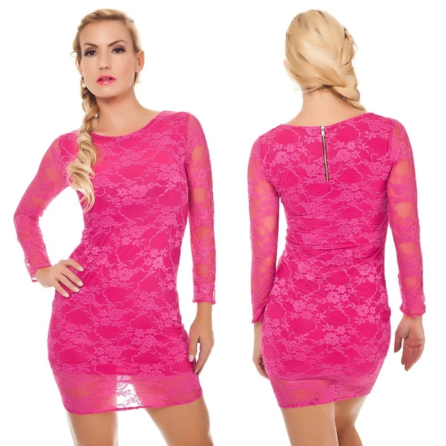Abito Donna Vestitino Sexy Hot Elegante Manica Lunga Rosa Mini da Sera Corto S