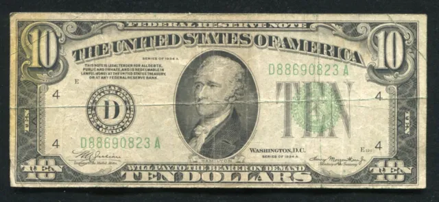1934-A $10 Ten Dollars Frn Federal Reserve Note Cleveland, Oh 