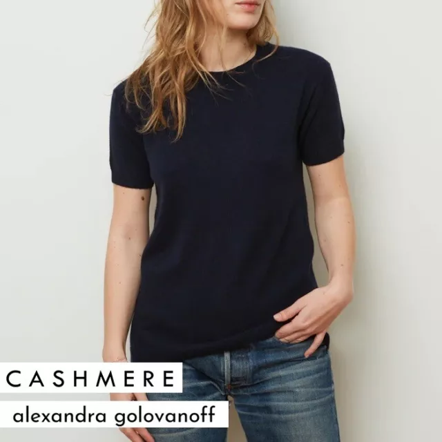 Alexandra Golovanoff Andre Cashmere Navy Blue Short Sleeve Sweater L 