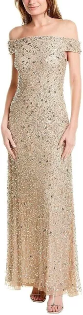 Adrianna Papell Off The Shoulder Sequin Beaded Gown Champagne Women's Size 8 NWT