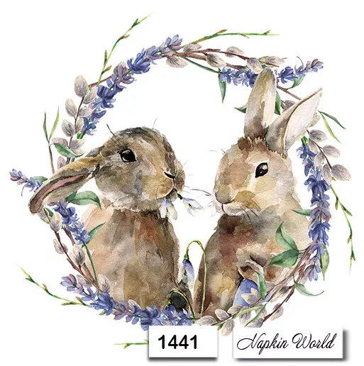 (1441) TWO Individual Paper LUNCHEON Decoupage Napkins  EASTER BUNNY PAIR WREATH