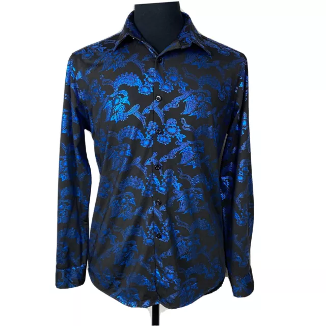 COOFANDY  Paisley Dress Shirt Black Blue Metallic Mens M