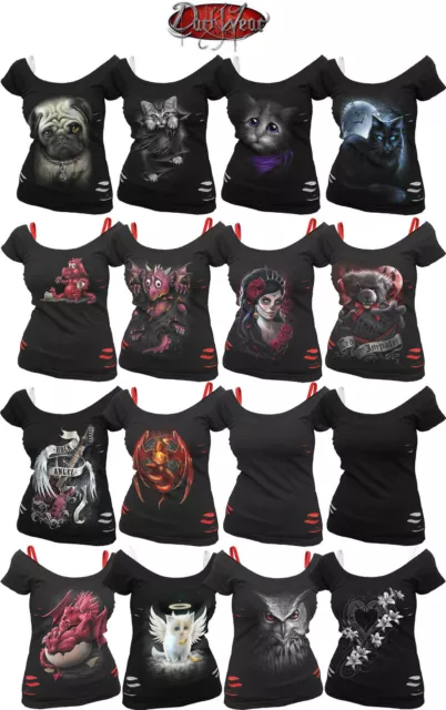 SPIRAL DIRECT Plain Ladies 2in1 Ripped/Goth/Dragon/Rock/Metal/Cat/Kitten/Top/Tee