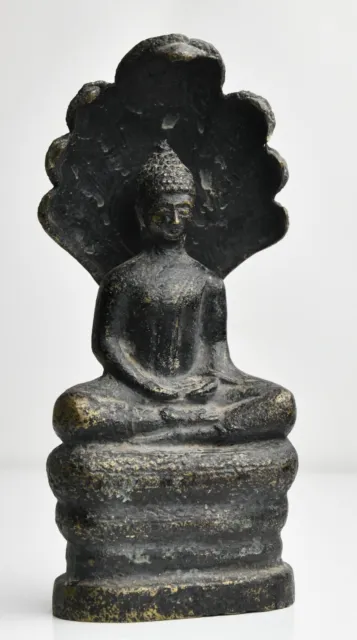 Antique Khmer Rare bronze buddha & Mucalinda cobra canopy 14cm