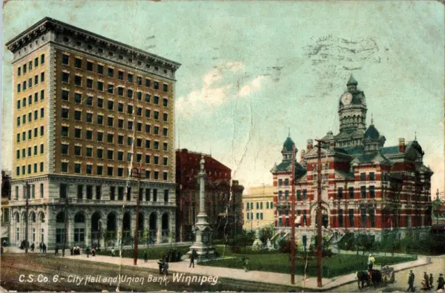 City Hall and Union Bank, Winnepeg, Manitoba, Canada 1908 Postcard