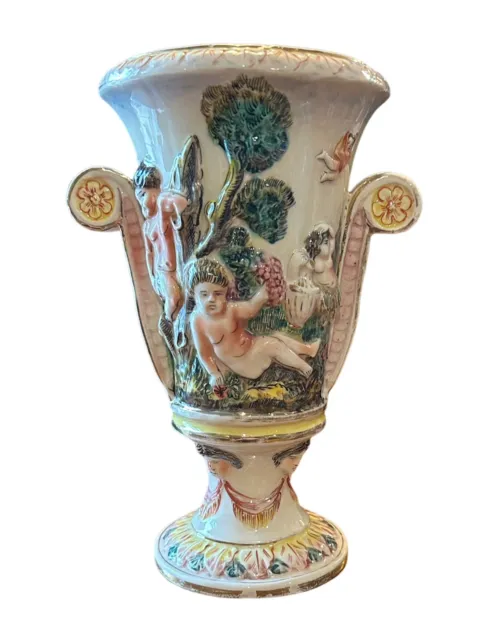 Vintage Capodimonte Italian Footed Vase Cherubs • Hand Painted