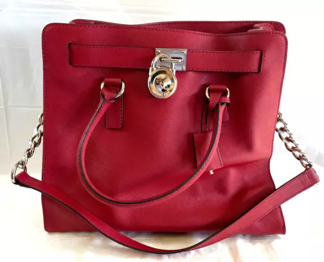 Michael Kors Hamilton Large Satchel NS Tote Saffiano Shoulder Bag - Red w Gold