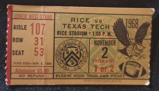 Ticket Stub Rice Owls vs Texas Tech Red Raiders  Nov.2,1968 Rice Stadium