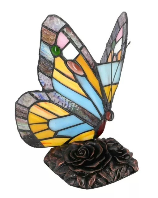 Lampada Tiffany appoggio farfalla paralume vetri colorati lume base ottone nuova