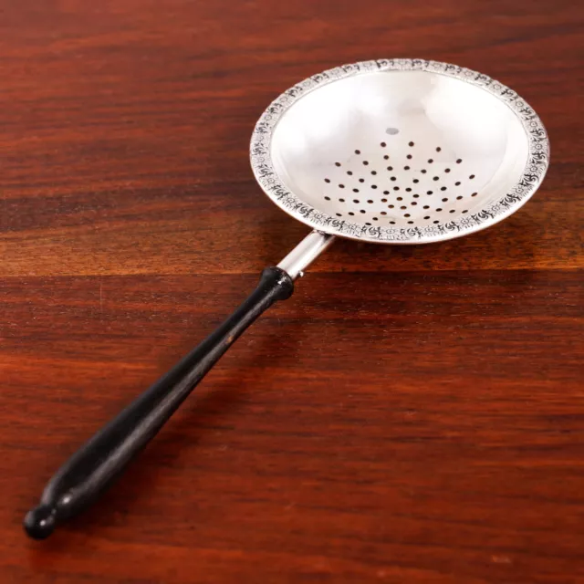 Dunkirk Sterling Silver Tea Strainer Floral & Foliate Rim, Wooden Handle