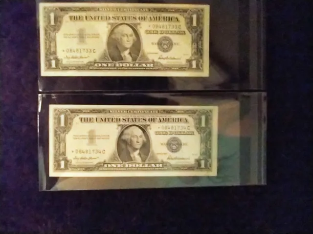 TWO CONSECUTIVE 1957 STAR $1 Blue Seal Silver Certificate Notes (Uncirculated)