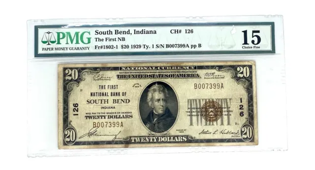 1929 $20 FNB South Bend Indiana PMG -15