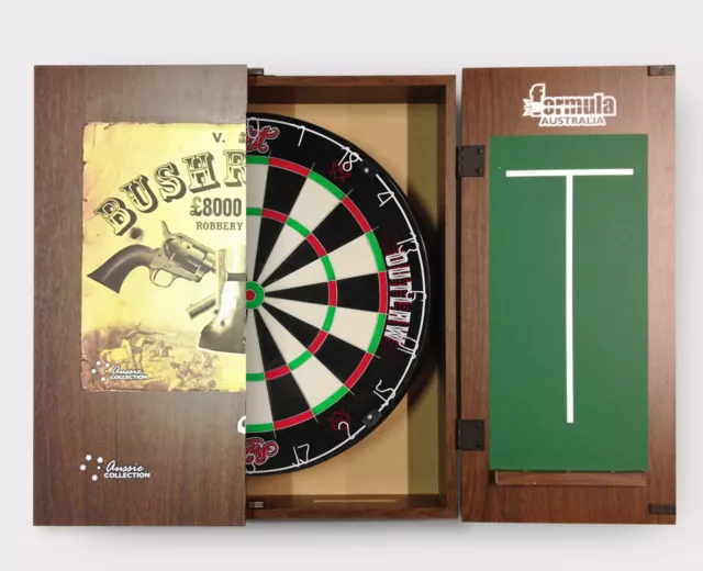 SHOT DARTS Outlaw Bristle Dartboard + Ned Kelly Bush Ranger Cabinet + Darts Gift