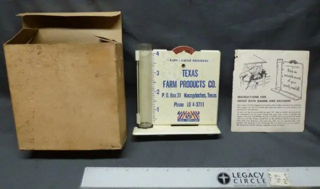 1950s-60s TEXAS RAIN GAUGE-Nacogdoches Texas Farm Products-Box-Directions