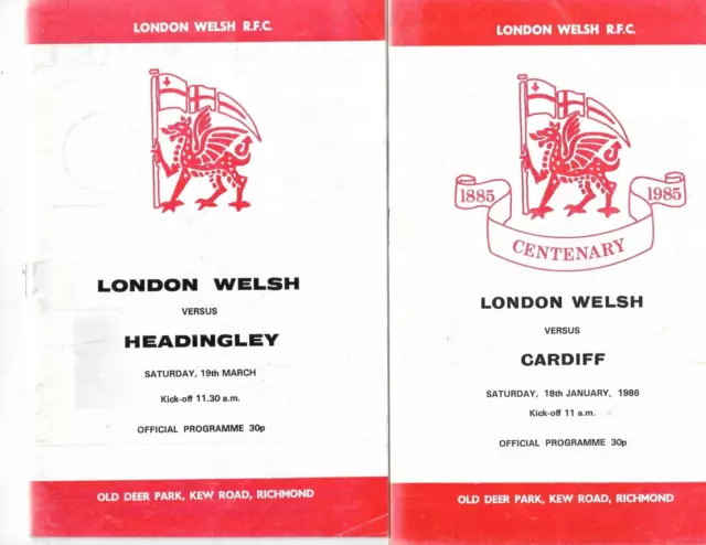 2x London Welsh rugby union programmes v Cardiff 1986 & v Headingley 1988