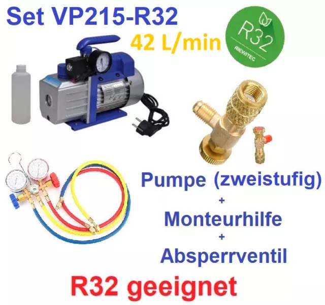 Set: Zweistufige 42 L/min Vakuumpumpe Klimaanlage R32 + Monteurh.+Absperrventil