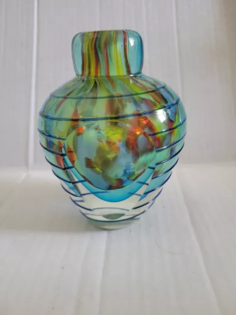 Beautiful unique Hand Blown Glass Bud Vase Jar Splatter with blue ring
