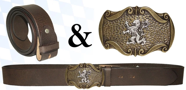 Trachten Ledergürtel braun-antik  2-farbige Schließe LÖWE Oktoberfest