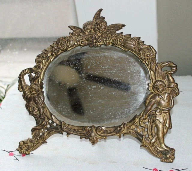 ORNATE CAST IRON Bronze Finish Victorian Dresser Frame Cherub Beveled