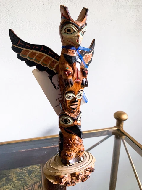 Alaska Black Diamond Totem Pole Legend Of Mankind Raven signed Ray Moore 9" high