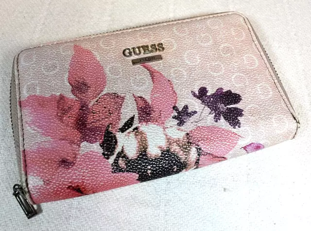 GUESS Wallet Pink Textured w/Purple&Pink Flowers - Coin, Credit Card, Bill Areas