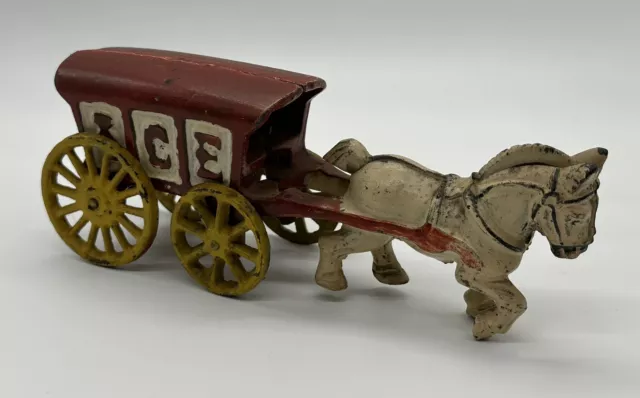 Cast Iron Metal Toy Horse Drawn ICE Cart Carriage Wagon White Horse Vintage