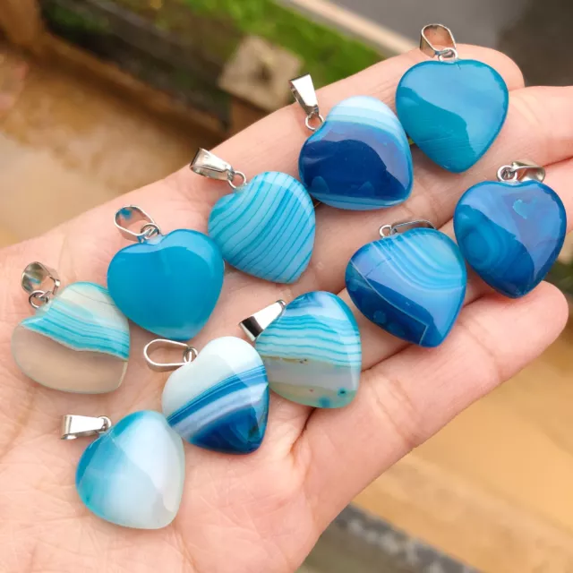 10pcs Blue Agate Gems Stone Heart Pendants Chakra Reiki Healing Amulet