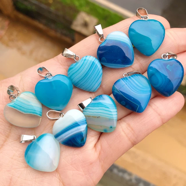 10pcs Blue Agate Gems Stone Heart Pendants Chakra Reiki Healing Amulet