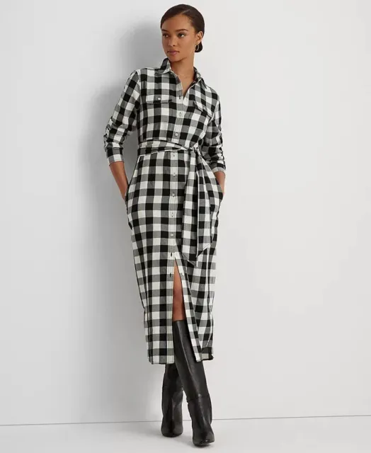 Polo Ralph Lauren- Buffalo Check Belted Twill Shirtdress, Size :  2 ,  Blk/White