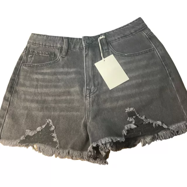 KanCan Womens Black Denim Shorts Size 7 27 Distressed Light Black High Waist New