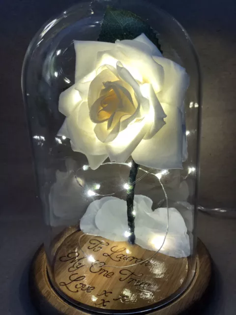 Beauty and the Beast Enchanted Rose (WHITE) PERSONALISED WOOD ENGRAVING BELL JAR