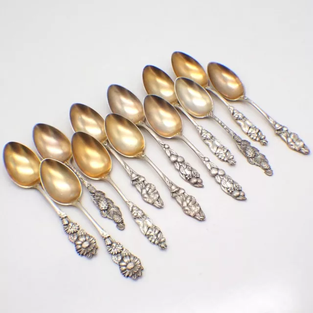 Floral Set of 12 Demitasse Spoons Watson Sterling Silver Gilt Bowls