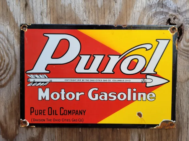 Vintage Pure Oil Company Porcelain Sign Purol Motor Oil Gasoline Ohio Cities 12"