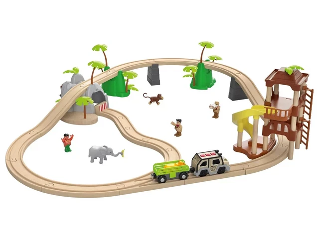 Playtive Set de chemins de fer en bois de hêtre véritable avec attelages magnétiques